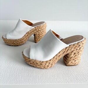 Lulus White Vegan Leather Straw Platform Block Heel Mules Sandals Size 7